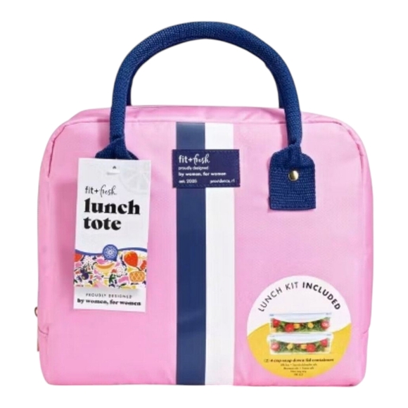 Fit Fresh Pink Lunch Tote Bag with Blue Stripes and Lunch Kit Included - Picture 1 of 8